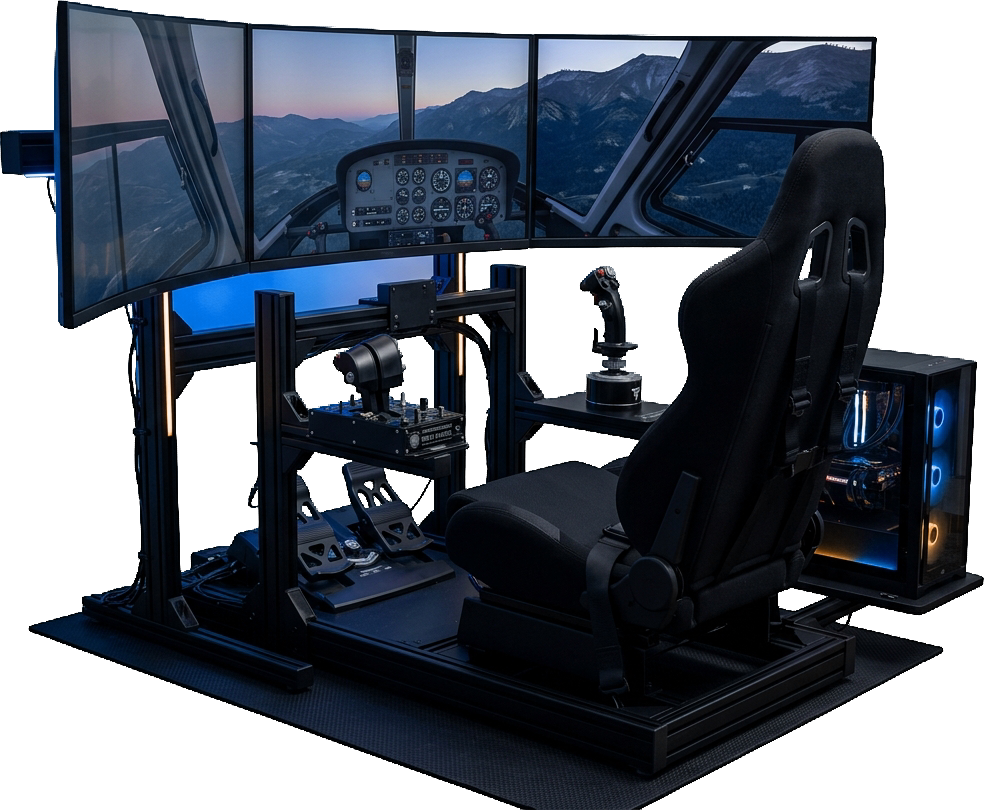 Setup completo de simulador de vuelo con HOTAS y triple monitor